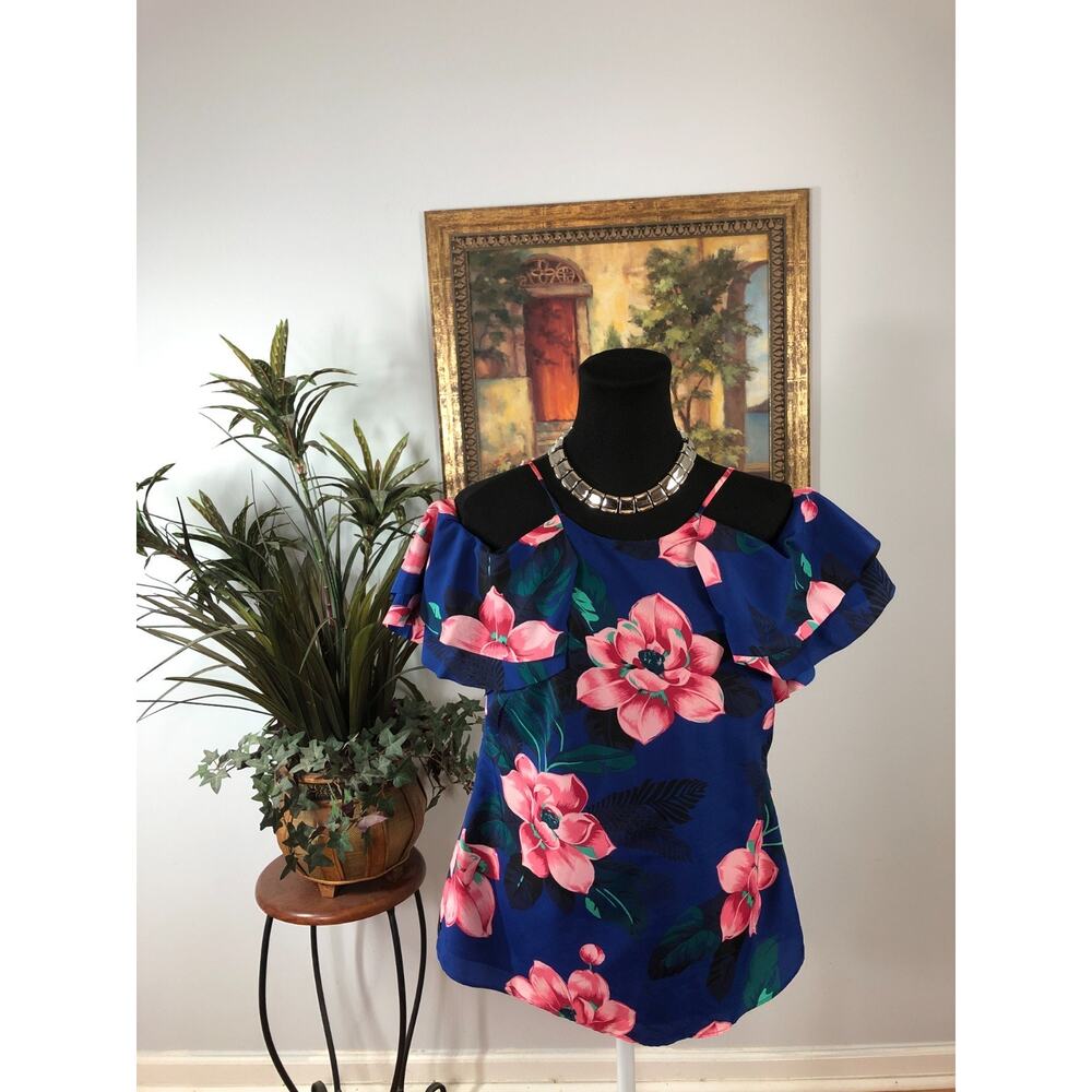 Banana Republic Blouse Top Womens Small Blue Floral Botanical Boho Chic Coquette